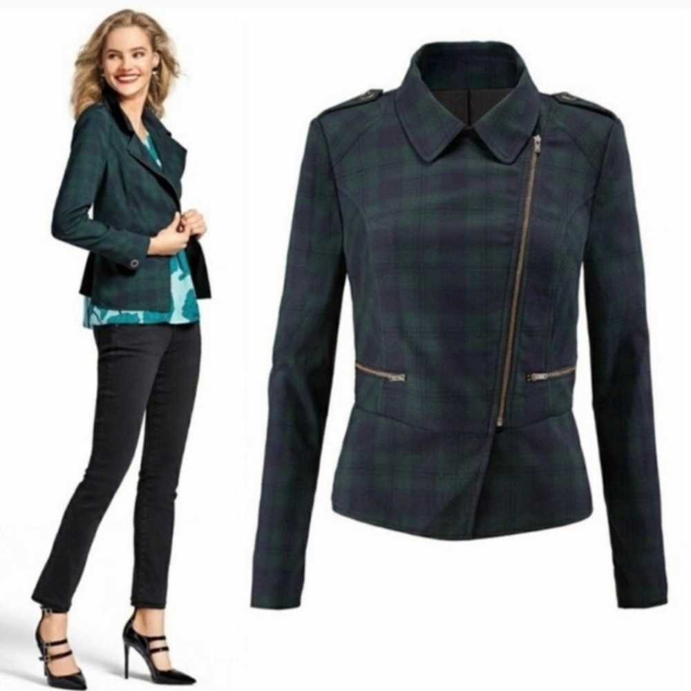 CAbi Tartan #3181 Plaid Asymmetrical Zip Moto Jacket, Dark Academia